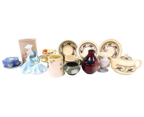 Assorted ceramics, including a Coalport figure of Haley, Ladies of Fashion, Honiton pottery tete-a-tete, Adderley child's alp
