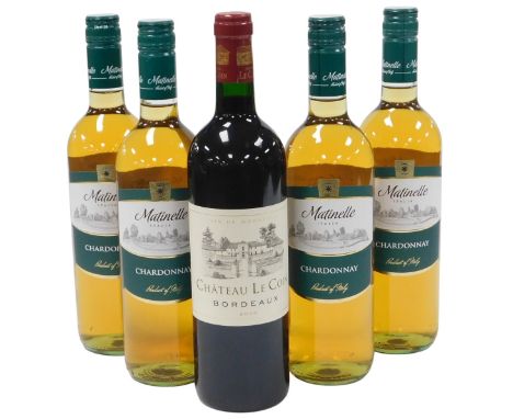 Four bottles of Matinelle chardonnay 2015, and a bottle of Chateau Le Coin Bordeaux 2020. (5)