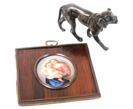 A late 19thC continental porcelain plaque, painted with The Madonna and Child, After Raphael, framed, 6cm x 5cm, together wit