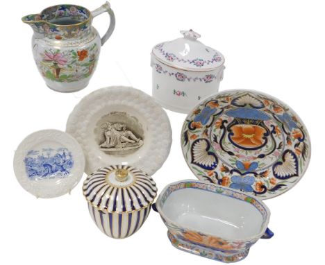 A group of 19thC pottery and porcelain, including two plates printed with The Happy Child, and Fox Hunt, Imari saucer dish, t