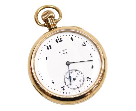 A gentleman's 9ct gold cased pocket watch, open face, keyless wind, circular enamel dial bearing Arabic numerals, subsidiary 