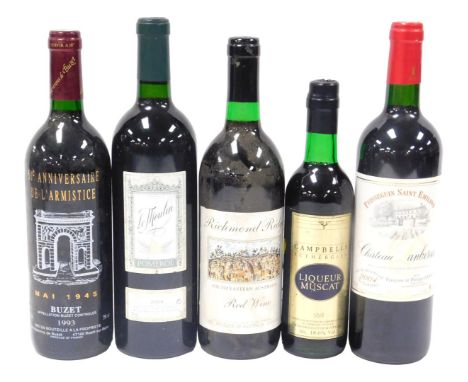 Four bottles of red wine, comprising Les Vignerons de Buzet 1993 commemorating the 50th Anniversary of the Armistice May 1945