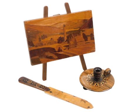 A Tunbridge ware chamberstick, with scroll handle, raised on three turned feet, 7cm wide, together with a Tunbridge ware pape