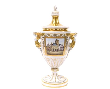 A 20thC Dresden porcelain vase and cover, with winged figural handles, reserve painted with The Old Town Hall, Amsterdam, aft