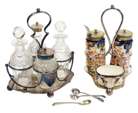 A Crown Derby porcelain and silver plated three piece cruet set, comprising a salt, pepperette and mustard pot, Imari decorat