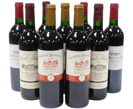 Four bottles of Le Grand Chai Bordeaux 2009, four bottles of Chateau Jeanneau Bordeaux 2010, and four bottles of Chateau Font