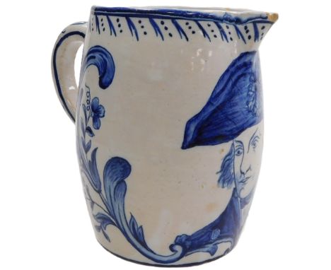 An early 19thC English delftware Nelson commemorative jug, painted in blue and white with a bust portrait of Admiral Lord Nel