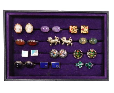 Twelve pairs of gentleman's silver and dress cufflinks, including cameo, moss agate, carnelian and amethyst set cufflinks.