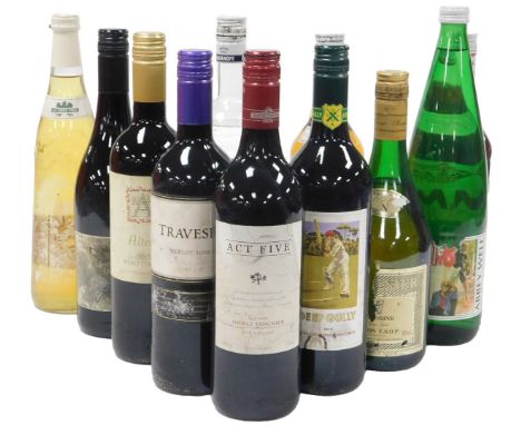 Assorted wines and spirits, including Altena Nero d'Avolo 2010, Travesia merlot 2010, Pimm's No. 1 Cup, and Vodka Cup, S.S.O.