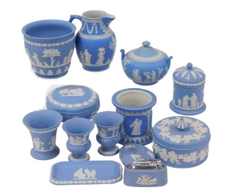 A group of 19thC and later Wedgwood light blue Jasperware, including jars and covers, sucrier and cover, small jardiniere, ta