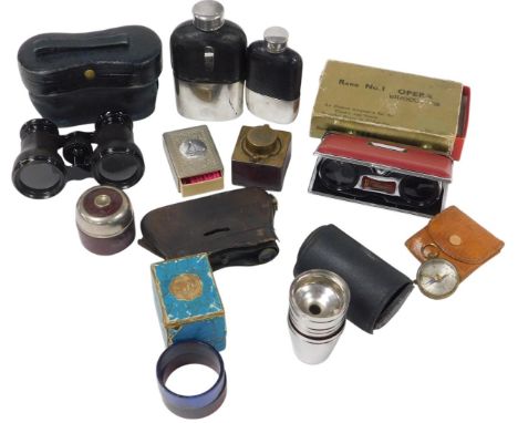 Three pairs of vintage opera glasses, a pair of graduated hip flasks, inkwells, tots, pocket compass, and a Belgian match sle