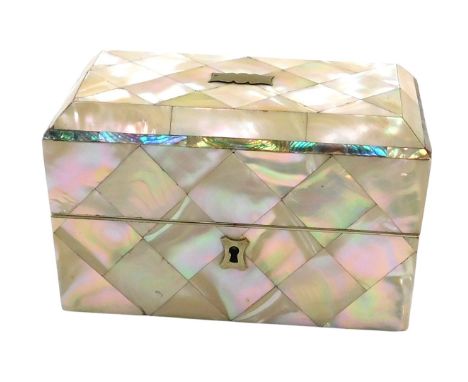 An early 20thC mother of pearl and abalone cross banded casket by Pepys &amp; Williams, the hinged lid opening to reveal a pu