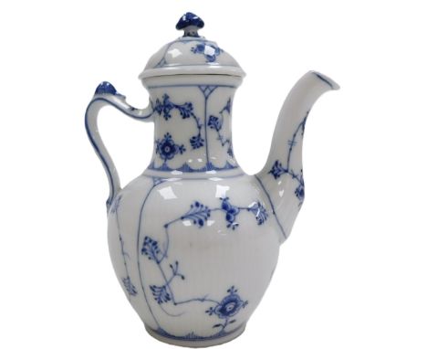 A Royal Copenhagen porcelain Musselmalet Half Lace pattern coffee pot, printed and painted marks, 18cm high.