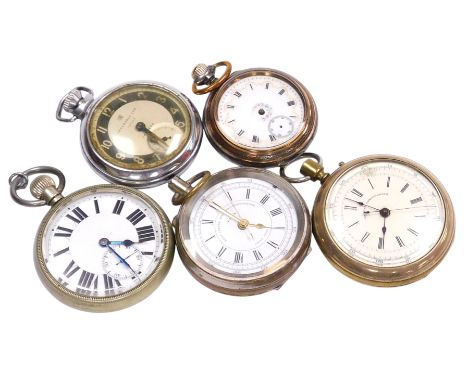 Five gentleman's pocket watches or chronographs, one chronograph gold plated, Continental gun metal cased pocket watch, and a