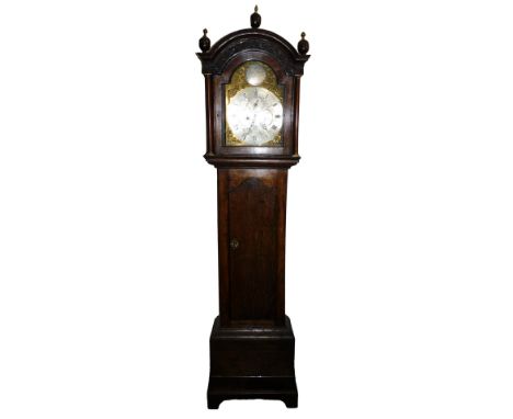 A 19thC longcase clock by John Mudie of Brechin, the arched brass dial with engraved silver centre and chapter ring mounted w
