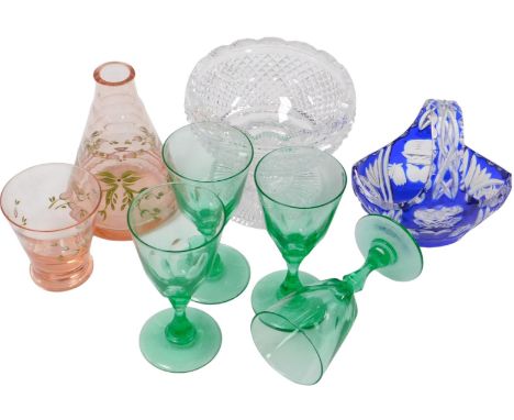 A crystal pedestal bowl, possibly Waterford, together with a continental blue flashed glass basket, pink glass water carafe, 