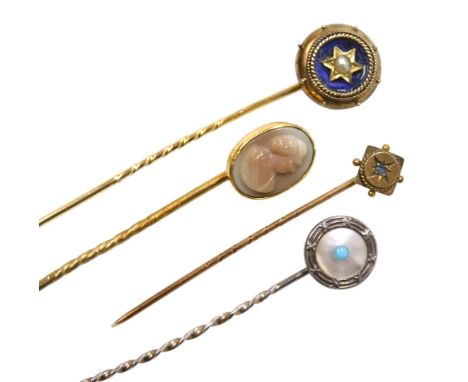 Four Victorian and later stick pins, comprising  a cameo pin, bust portrait of a lady, blue enamel and seed pearl set pin, mo