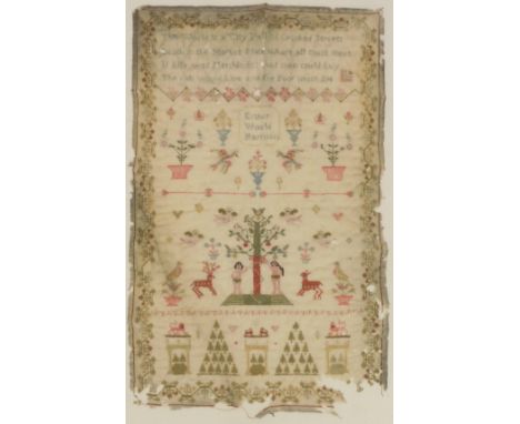 An undated Georgian sampler, by Esther Would Harrison, woolwork embroidered with Adam and Eve and The Serpent, cherubs, deer,