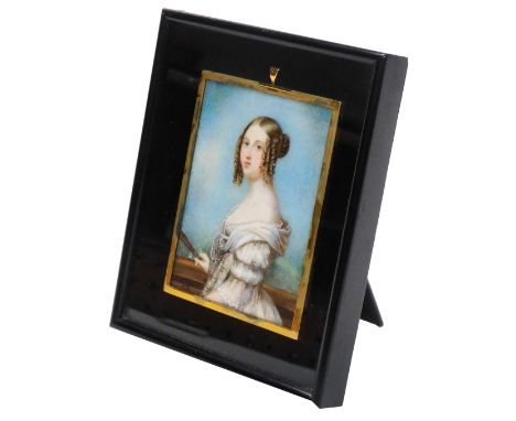 English School (early 19thC). Half length miniature portrait of a lady holding a fan, watercolour, framed and outer strut fra