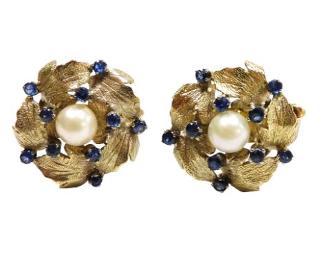 A pair of cultured pearl and sapphire floral cufflinks, in yellow metal, 14.1g.