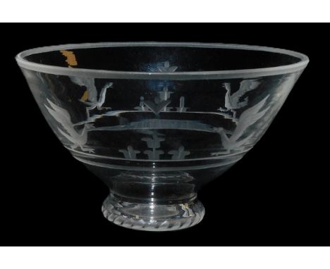 An Orrefors miniature glass bowl, circa 1920s, designed by Simon Gate, the footed bowl engraved by Bertil Gustavsson with cra