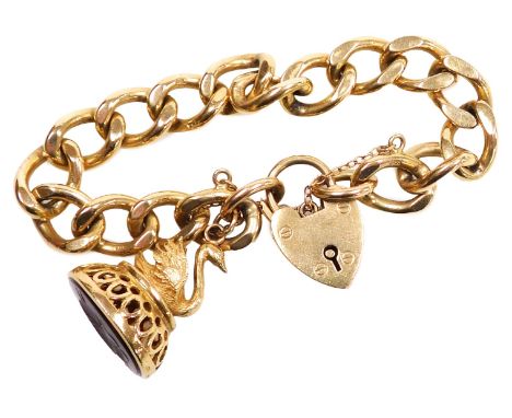 A 9ct gold curb link bracelet, on a heart shaped padlock clasp, with safety chain as fitted, together with a 9ct gold and car