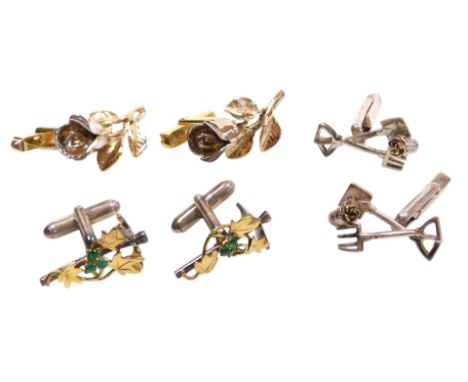 Three pairs of gentleman's silver and silver gilt cufflinks, comprising a pair of cufflinks formed as roses, diamond set, pai