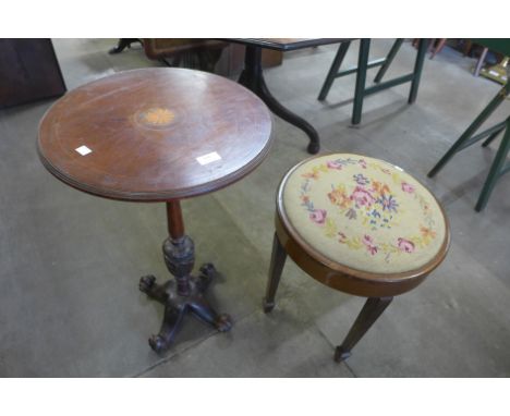 An Edward VII inlaid mahogany wine table and a stool 