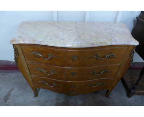 A French Louis XV style inlaid kingswood and marble topped serpentine commode 