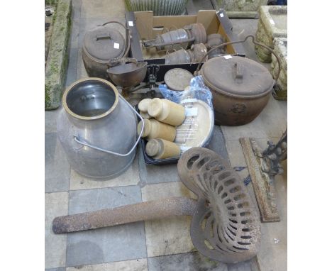 Three vintage Tilley lamps, two cast iron lidded cooking pots, scales, aluminium pot, etc. 