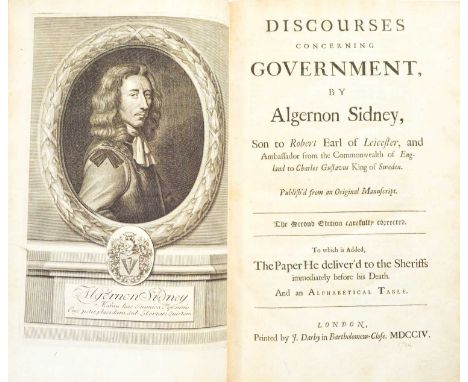 Sidney (Algernon)Discourses Concerning Government.J. Darby, 1704, second edition, folio in fours, portrait frontis, [8], 424 