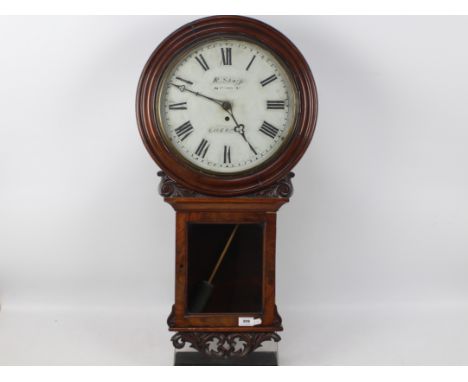 A good mahogany cased drop-dial wall clock, the 12-inch white painted dial with Roman numerals and signed for retailer R Shar