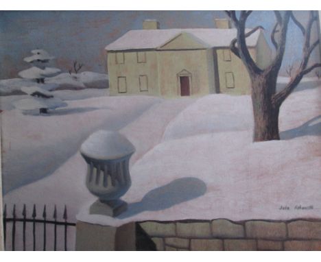 An oil painting on board, John Ashworth, House in winter, signed