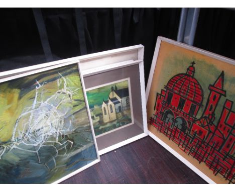 An oil painting on board, R M Topping, cathedral, signed and dated '66, two watercolours, D G Parr, Fish Box and Town landsca