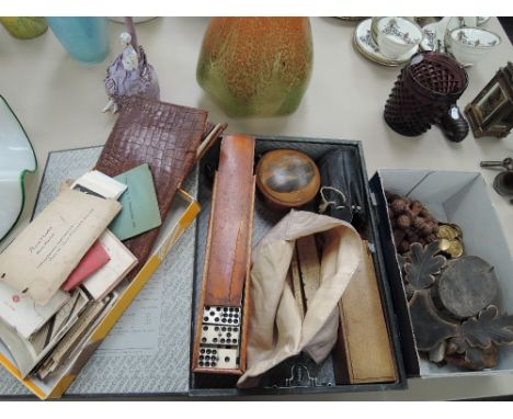 A selection of miscellaneous including Mauchlinware, Edinburgh trinket, dominoes, vintage photographs, book plates, treen, Cy