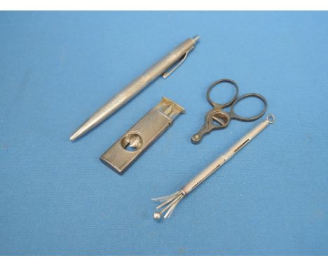 An HM silver cigar cutter and cigar , both piercer having engine turned decoration, an HM silver pen also having engine turne