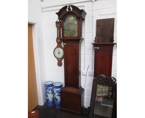 A late 18th century oak longcase clock having arch crest and pillar hood over square brass face and 30 hour movement by Fran 