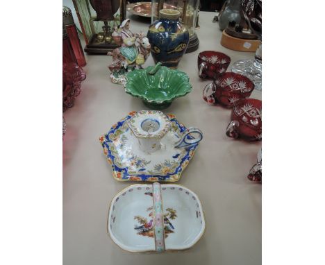 A 19th century Staffordshire pottery figure of Meissen design, an art pottery vase a grasshopper dish, a Quimper candlestand 