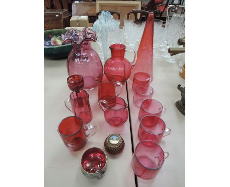 A selection of glassware including Victorian spill vase, cranberry jugs, ruby goblet, Mary Gregory style, souvenir trinket, p