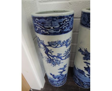 An early 20th century blue and white stick stand, of Chinese design, having pictorial decoration