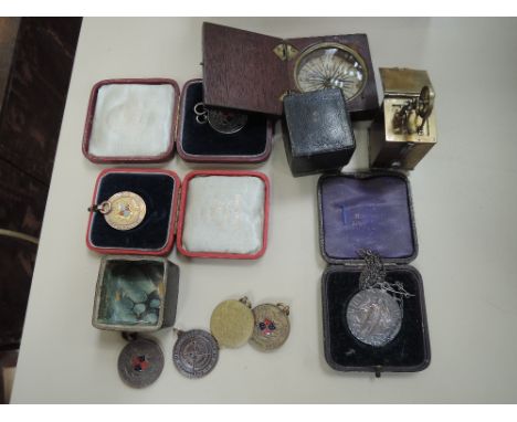 A selection of miscellaneous including 19th century travel compass in fitted box, miniature brass pop up sample steam engine,