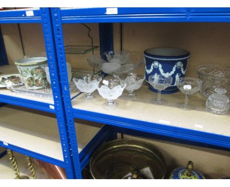 A selection of ceramics and glassware including a Wedgwood Jasperware jardiniere, a Denby vase, a part desert set etc
CONDITI