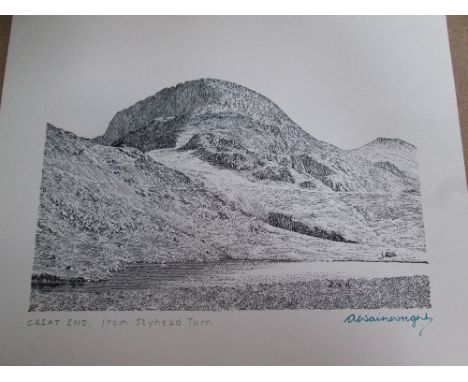 A print after Alfred Wainwright, Great End from Styhead Tarn, signed