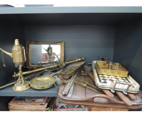 A selection of miscellaneous including brass scales, chamber stick, Lucerne lamp, mother of pearl tray etc