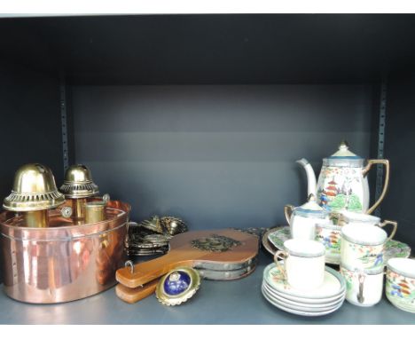 A vintage copper and brass oil lamp burner, horse brasses various including ceramic boss, and a Japanese eggshell coffee serv