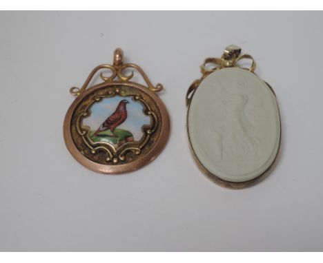 A 9ct gold medal having enamel pigeon decoration and a white ceramic pendant by Wedgwood having a decorative HM silver gilt m