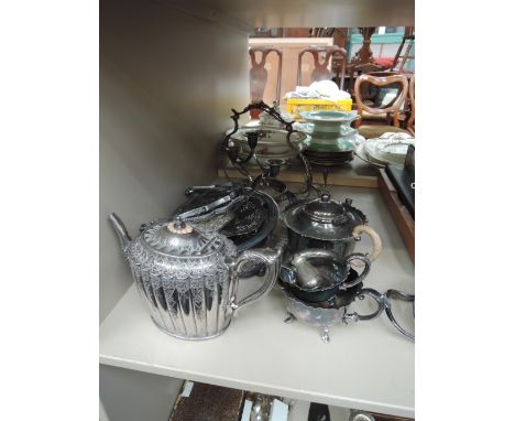 A selection of silver plate including three piece tea set, candelabra, tureen, stands etc