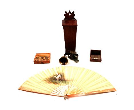 Georgian oak candle box, 41cm, servant's bell, two sets of small cased weights, French fan with painted decoration and mother