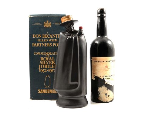 1960 Grahams vintage port, (label torn), and a Sandeman Partners Port, limited edition Wedgwood figural 'Don Decanter' (conta