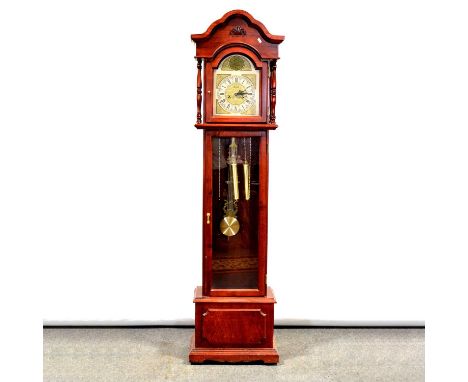 Reproduction longcase clock, arched case, glazed trunk, the dial signed Lincoln, thirty-one day Chinese movement, 193cm.Condi